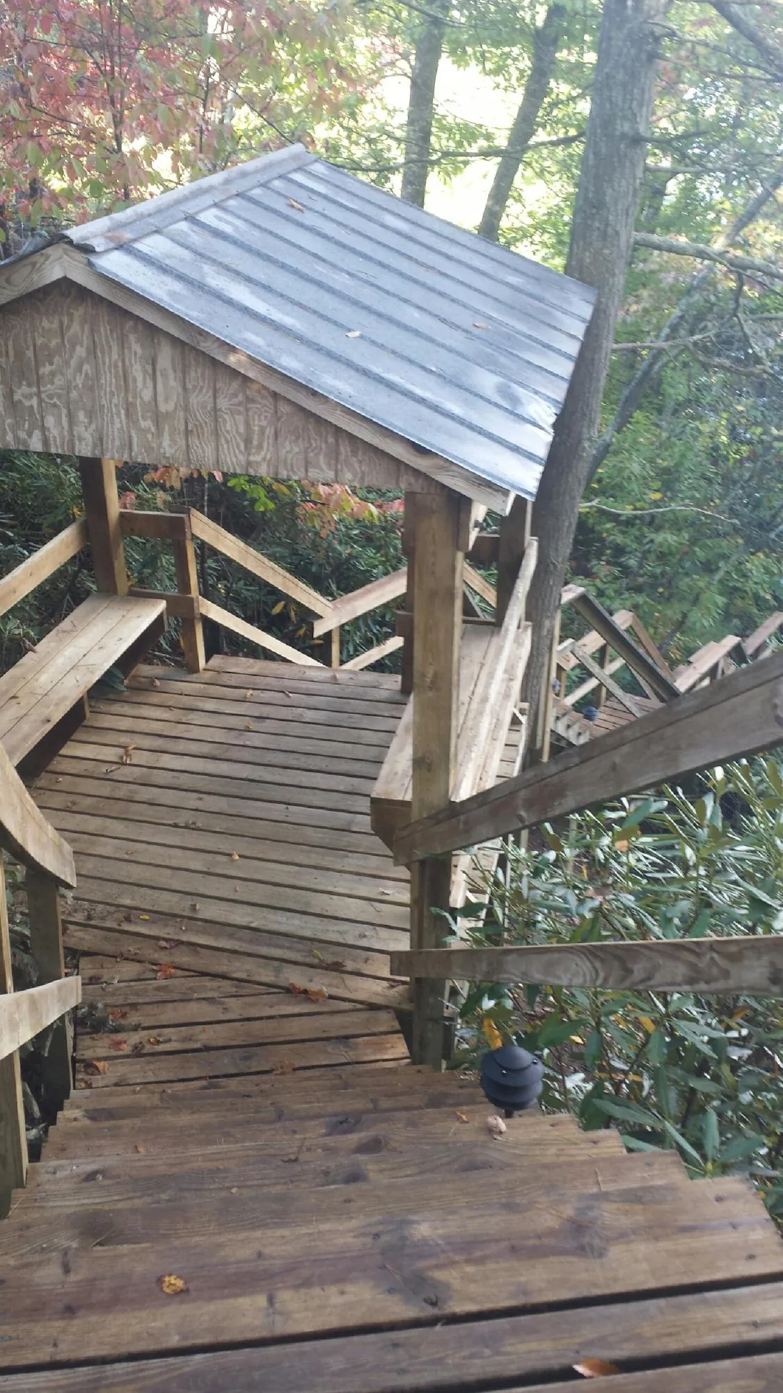 Metal roofed shelter over wooden steps on a wooded walkway — Skylight Repair & Installation work by our crew in Hardin